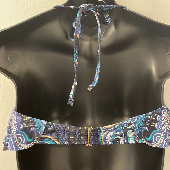 La Vie en Rose Bikini top blues with frill removable top strap gold accent Sz XS - Picture 3 of 6